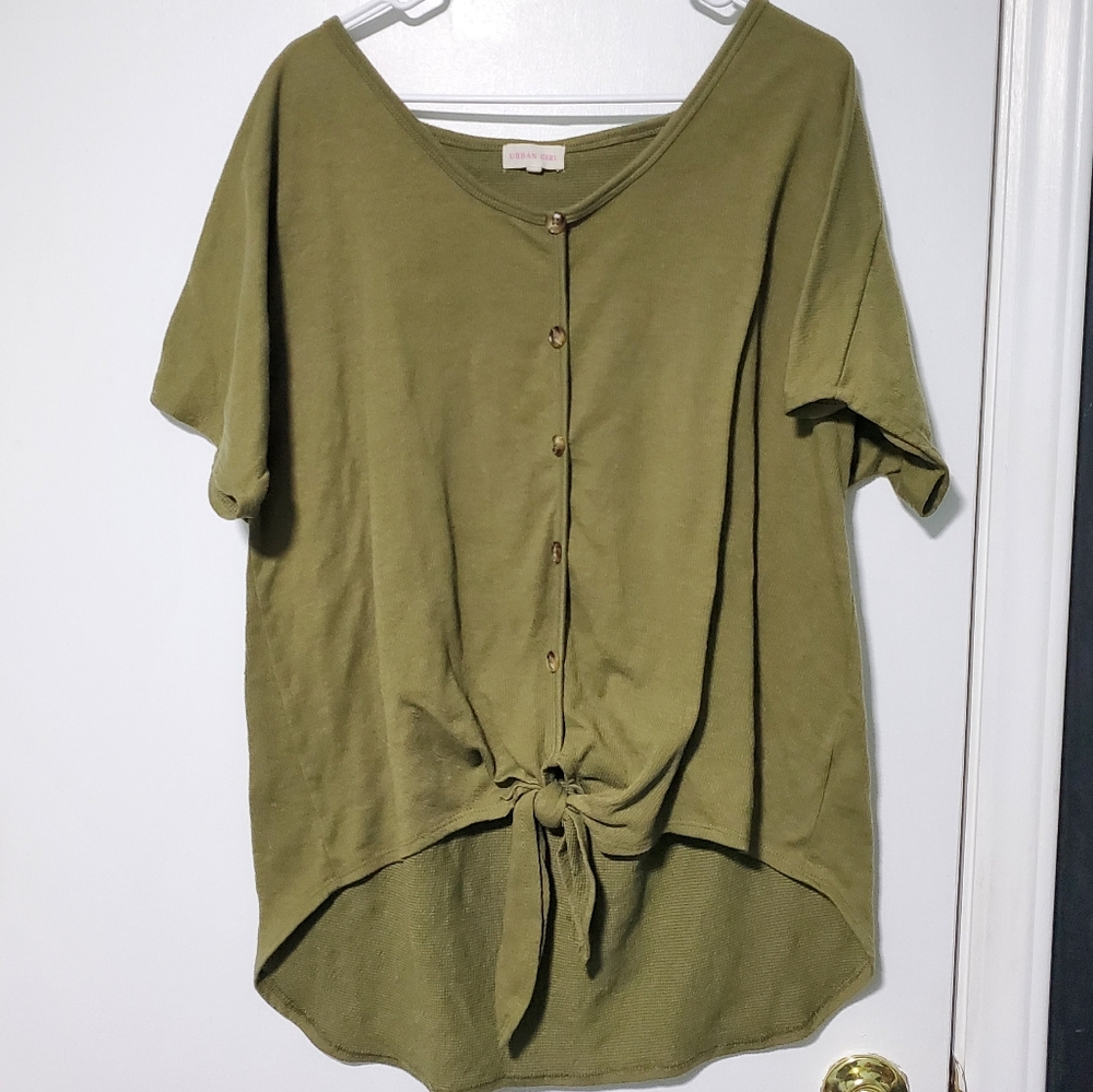 Urban Girl Womens Size 3X Olive Green V-Neck Short Sleeve Tie Front Knot Shirt
